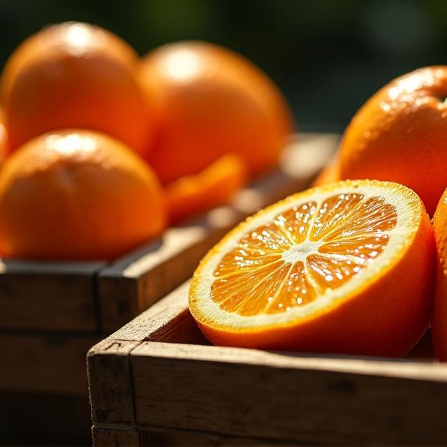 Frische sonnengereifte Orangen in Holzstiegen